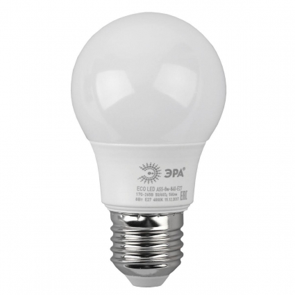 Лампа светодиодная ЭРА E27 8W 4000K матовая LED A55-8W-840-E27 R Б0052382 цвет белый, мощность 6 Вт