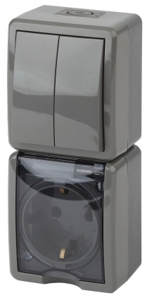 Блок розетка-выключатель двухклавишный ЭРА Эксперт IP54 16A 250V 11-7408-03 Б0036007 в стиле Хай-тек, цвет серый
