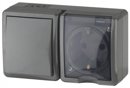 Блок розетка-выключатель ЭРА Эксперт IP54 16A 250V 11-7401-03 Б0020734 в стиле Хай-тек, цвет серый