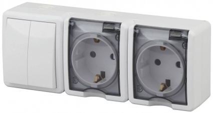 Блок розетки-выключатель двухклавишный ЭРА Эксперт IP54 16A 250V 11-7404-01 Б0027675 в современном стиле, цвет белый