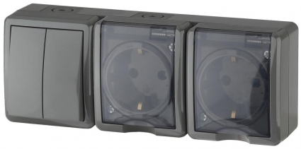 Блок розетки-выключатель двухклавишный ЭРА Эксперт IP54 16A 250V 11-7404-03 Б0027676 в стиле Хай-тек, цвет серый