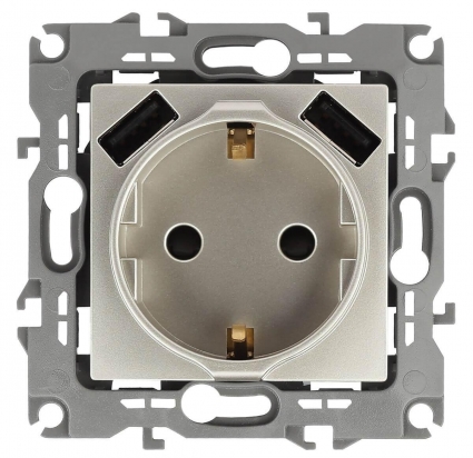 Розетка Эра Elegance 2P E со шторками 16A 250V 2xUSB 14-4109-04 Б0047870 в современном стиле, цвет желтый