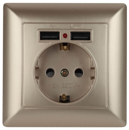 Розетка ЭРА Intro Solo Schuko P+E 16A 250V со шторками 2хUSB шампань 4-410-04 Б0043406 в современном стиле, цвет желтый