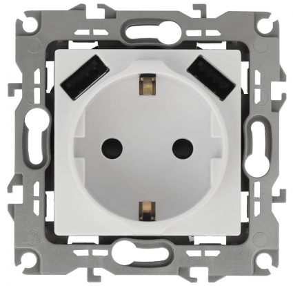 Розетка ЭРА Intro Solo Schuko P+E 16A 250V со шторками 2хUSB белый 12-4109-01 Б0047840 в современном стиле, цвет белый