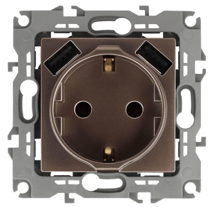 Розетка ЭРА Intro Solo Schuko P+E 16A 250V со шторками 2хUSB бронза 12-4109-13 Б0047847 в современном стиле, цвет бронза