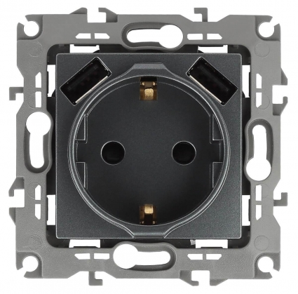 Розетка ЭРА Intro Solo Schuko P+E 16A 250V со шторками 2хUSB графит 12-4109-12 Б0047846 в современном стиле, цвет серый