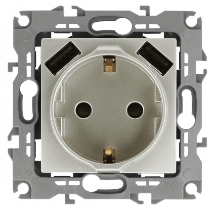 Розетка ЭРА Intro Solo Schuko P+E 16A 250V со шторками 2хUSB перламутр 12-4109-15 Б0047849 в современном стиле, цвет белый