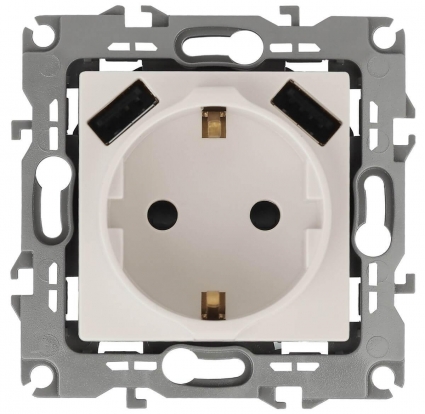 Розетка ЭРА Intro Solo Schuko P+E 16A 250V со шторками 2хUSB слоновая кость 12-4109-02 Б0047841 в современном стиле, цвет белый