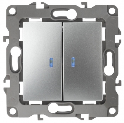Выключатель двухклавишный с подсветкой ЭРА 12 10AX 250V 12-1105-03 Б0014659, в стиле Хай-тек, цвет серый