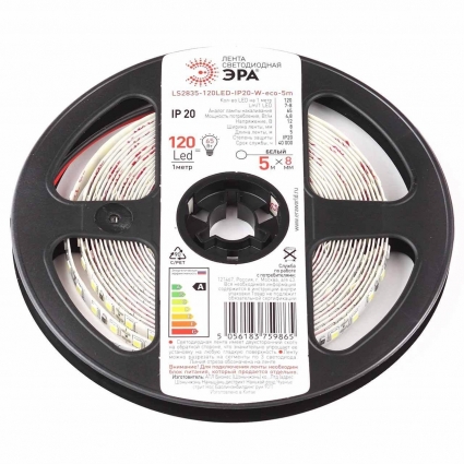 Светодиодная лента ЭРА 4,8W/m 120LED/m 2835SMD белый 5M LS2835-120LED-IP20-W-eco-5m Б0035595, в современном стиле, мощность 48 Вт