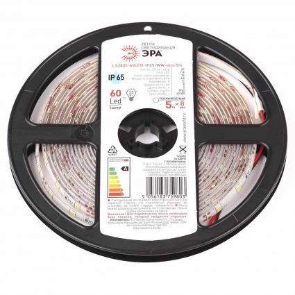 Светодиодная влагозащищенная лента ЭРА 4,8W/m 60LED/m 2835SMD теплый белый 5M LS2835-60LED-IP65-WW-eco-5m Б0035592, в современном стиле, мощность 24 Вт
