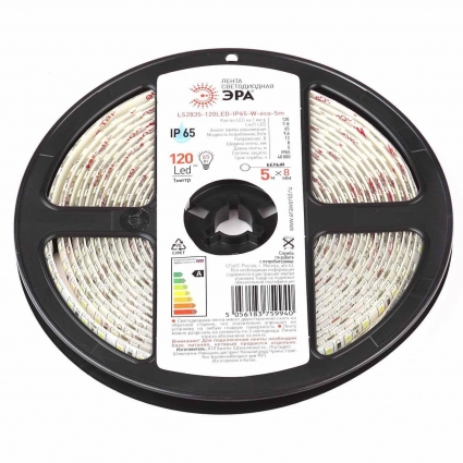 Светодиодная влагозащищенная лента ЭРА 9,6W/m 120LED/m 2835SMD белый 5M LS2835-120LED-IP65-W-eco-5m Б0035599, в современном стиле, мощность 48 Вт