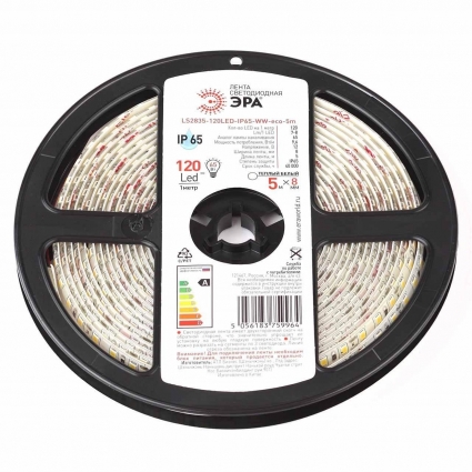 Светодиодная влагозащищенная лента ЭРА 9,6W/m 120LED/m 2835SMD теплый белый 5M LS2835-120LED-IP65-WW-eco-5m Б0035600, в современном стиле, мощность 48 Вт