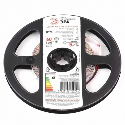 Светодиодная лента ЭРА 4,8W/m 60LED/m 2835SMD белый 5M LS2835-60LED-IP20-W-eco-5m Б0035586, в современном стиле, мощность 24 Вт