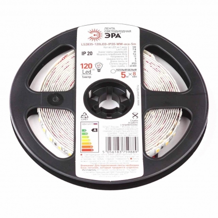 Светодиодная лента ЭРА 9,6W/m 120LED/m 2835SMD теплый белый 5M LS2835-120LED-IP20-WW-eco-5m Б0035596, в современном стиле, мощность 48 Вт