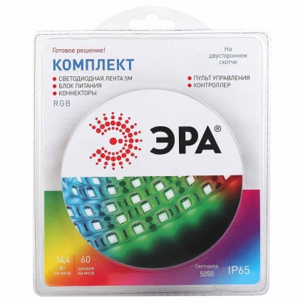 Светодиодная влагозащищенная лента ЭРА 14,4W/m 60LED/m 5050SMD RGB 5M 5050kit-14,4-60-12-IP65-RGB-5m Б0043070, в современном стиле, цвет белый
