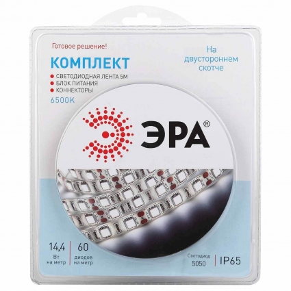 Светодиодная влагозащищенная лента ЭРА 14,4W/m 60LED/m 5050SMD холодный белый 5M 5050kit-14,4-60-12-IP65-6500-5m Б0043068, в современном стиле, цвет белый