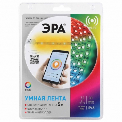 Светодиодная влагозащищенная лента ЭРА 7,2W/m 30LED/m 5050SMD RGB 5M 5050-30-RGB-IP65-Wifi-5m (12V) Б0043446, в современном стиле, цвет белый