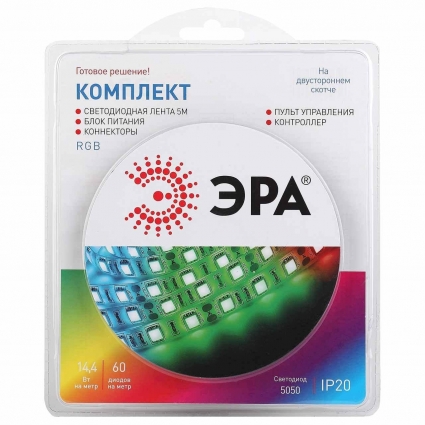 Светодиодная лента ЭРА 14,4W/m 60LED/m 5050SMD RGB 5M 5050kit-14,4-60-12-IP20-RGB-5m Б0043067, в современном стиле, цвет белый