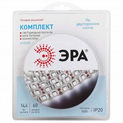 Светодиодная лента ЭРА 14,4W/m 60LED/m 5050SMD холодный белый 5M 5050kit-14,4-60-12-IP20-6500-5m Б0043065, в современном стиле, цвет белый