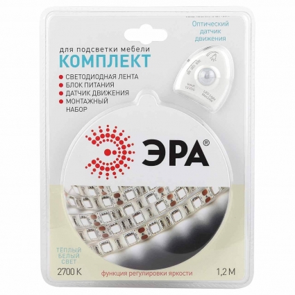 Светодиодная лента ЭРА 4,8W/m 30LED/m 2835SMD теплый белый 1,2M 2835move-4,8-30-12-2700-1,2m Б0043072, в современном стиле, цвет белый