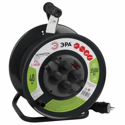 Удлинитель силовой ЭРА RMx-4es-3x1.5-40m-IP44(kg) Б0046848 цвет черный, мощность 3500 Вт