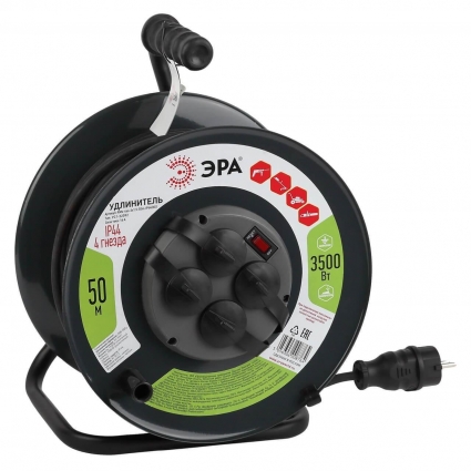 Удлинитель силовой ЭРА RMx-4es-3x1.5-50m-IP44(kg) Б0046804 цвет черный, мощность 3500 Вт