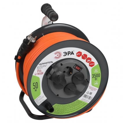 Удлинитель силовой ЭРА 4гн 50м с/з RMx-4es-3x2.5-50m-IP44 Б0052922 цвет черный, мощность 3500 Вт