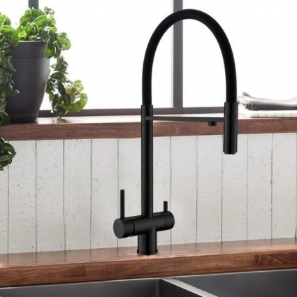 Смеситель для кухни с гибким изливом и подключением фильтра WesnaArt EKO05-160MatBlack, черный, однорычажный