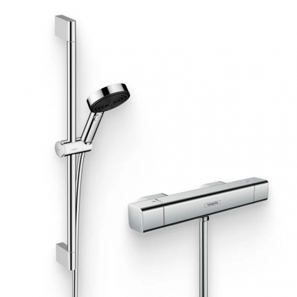 Душевой комплект Термостат Hansgrohe Ecostat E 15773000 для душа + Гарнитур Pulsify Relaxation 105 3jet 24160000 хром штанга 6.3 см,  в современном стиле