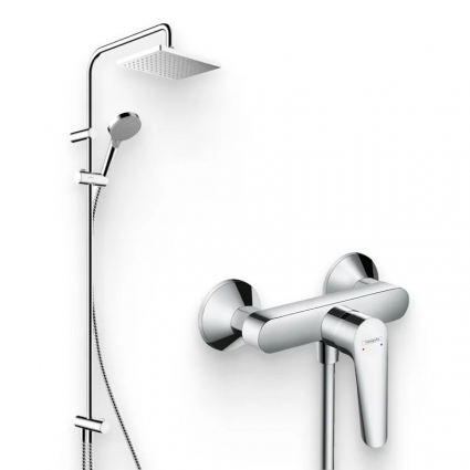 Душевой комплект Смеситель для душа Hansgrohe Logis E 71602000 + Стойка Vernis Shape 26282000 Showerpipe 230 1jet Reno хром штанга 11.5 см,  в современном стиле