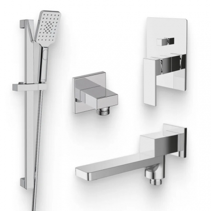 Душевой комплект Смеситель BelBagno Romano VDI-CRM + Гарнитур Wasserkraft A145 + Подключение Arlie ARL-PG-CRM + Излив ROM BCA CRM для ванны с душем, хром,  в современном стиле
