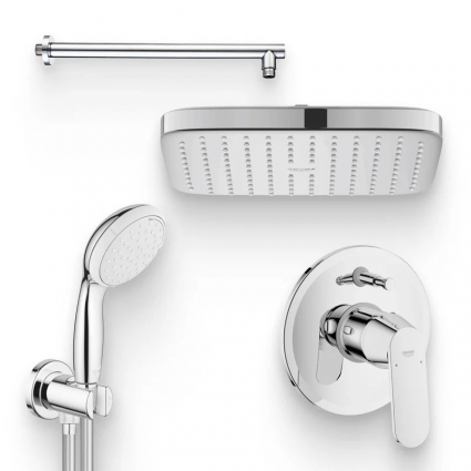 Душевой комплект Смеситель Grohe Eurosmart Cosmopolitan 32879000 С ВНУТРЕННЕЙ ЧАСТЬЮ + Гарнитур Tempesta 100 26406001 + Душ Tempesta 250 Cube 26681000 + Кронштейн Aquanet Passion AF301-91 хром,  в современном стиле