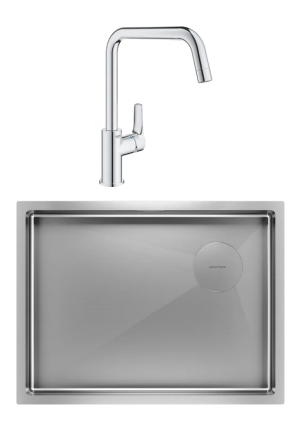 Комплект Мойка Paulmark Next-Skew PM885844-BS брашированная сталь + Смеситель Grohe Eurosmart 30567000 прямоугольная,  в современном стиле