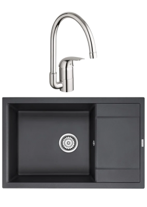 Комплект Мойка Paulmark Flugen 60 PM317850-BL черная + Смеситель Grohe Euroeco 32752000 матовая, прямоугольная