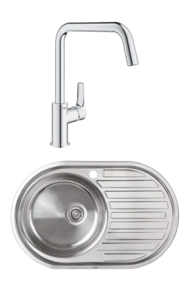 Комплект Мойка Kaiser KSS-7750 L + Смеситель Grohe Eurosmart 30567000 полированная, овальная