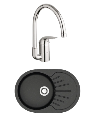 Комплект Мойка Azario Flora 00079913 черная + Смеситель Grohe Euroeco 32752000 матовая, овальная