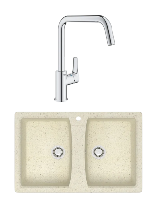 Комплект Мойка Azario Elmas 00078331 бежевая + Смеситель Grohe Eurosmart 30567000 матовая, прямоугольная