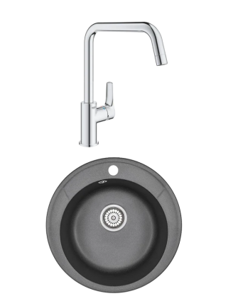 Комплект Мойка Granula Standart 4802, черный + Смеситель Grohe Eurosmart 30567000, матовая, круглая