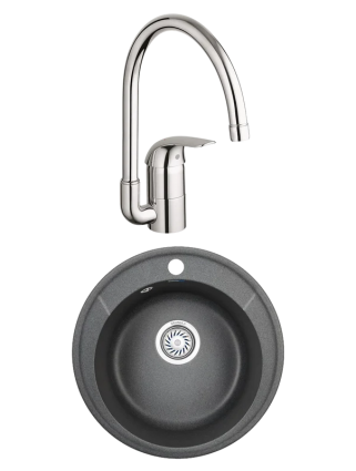 Комплект Мойка Granula Standart 4802, графит + Смеситель Grohe Euroeco 32752000, матовая, круглая
