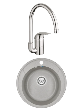Комплект Мойка Granula Standart 4802, базальт + Смеситель Grohe Euroeco 32752000, матовая, круглая