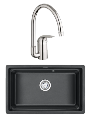 Комплект Мойка Granula Kitchen Space 7303U, черный + Смеситель Grohe Euroeco 32752000, матовая, прямоугольная