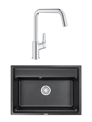 Комплект Мойка Granula Kitchen Space 7301, черный + Смеситель Grohe Eurosmart 30567000, матовая, прямоугольная