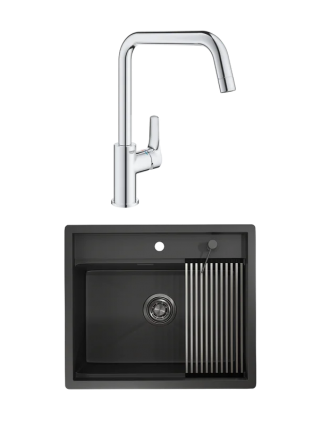 Комплект Мойка Granula Kitchen Space 6051, черный матовый + Смеситель Grohe Eurosmart 30567000, матовая, прямоугольная