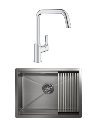 Комплект Мойка Granula Kitchen Space 6045U, сталь сатин + Смеситель Grohe Eurosmart 30567000, матовая, прямоугольная