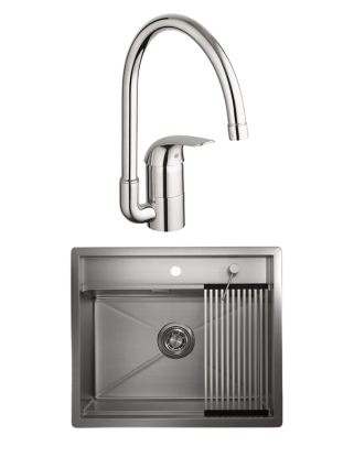 Комплект Мойка Granula Kitchen Space 6051, сталь сатин + Смеситель Grohe Euroeco 32752000, матовая, прямоугольная