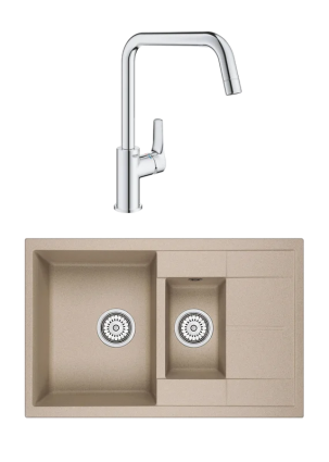 Комплект Мойка Granula 7802, песок + Смеситель Grohe Eurosmart 30567000, матовая, прямоугольная
