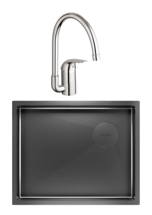 Комплект Мойка Paulmark Next-Skew PM885444-GM вороненая сталь + Смеситель Grohe Euroeco 32752000 полированная, прямоугольная