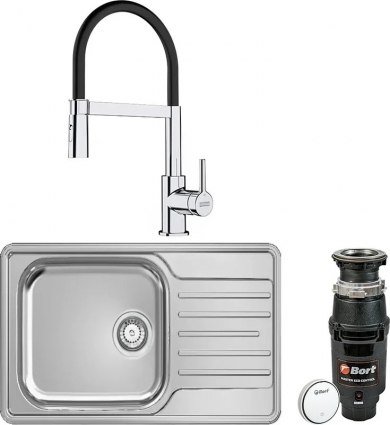 Комплект Мойка Franke LNX 611-44 нержавеющая сталь + Смеситель Lina Semi-pro хром, черный + Измельчитель Bort Master Eco Control, матовая, прямоугольная