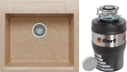 Комплект Мойка Polygran Argo 560 песочная + Измельчитель Bort Alligator Max матовая, прямоугольная